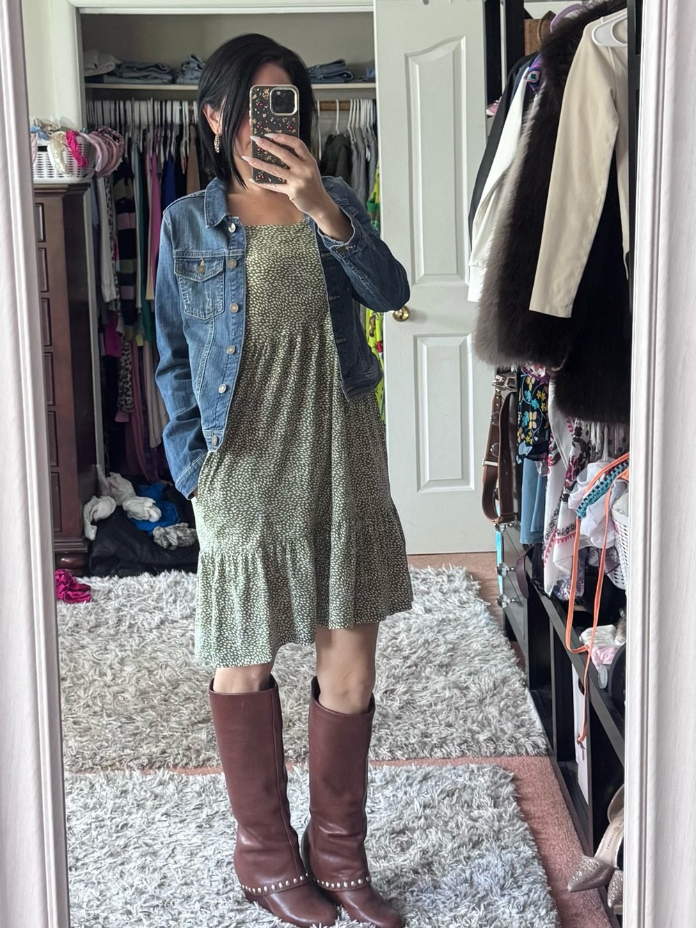 Old Navy Olive Green Ditsy Smocked Tiered Mini Dress